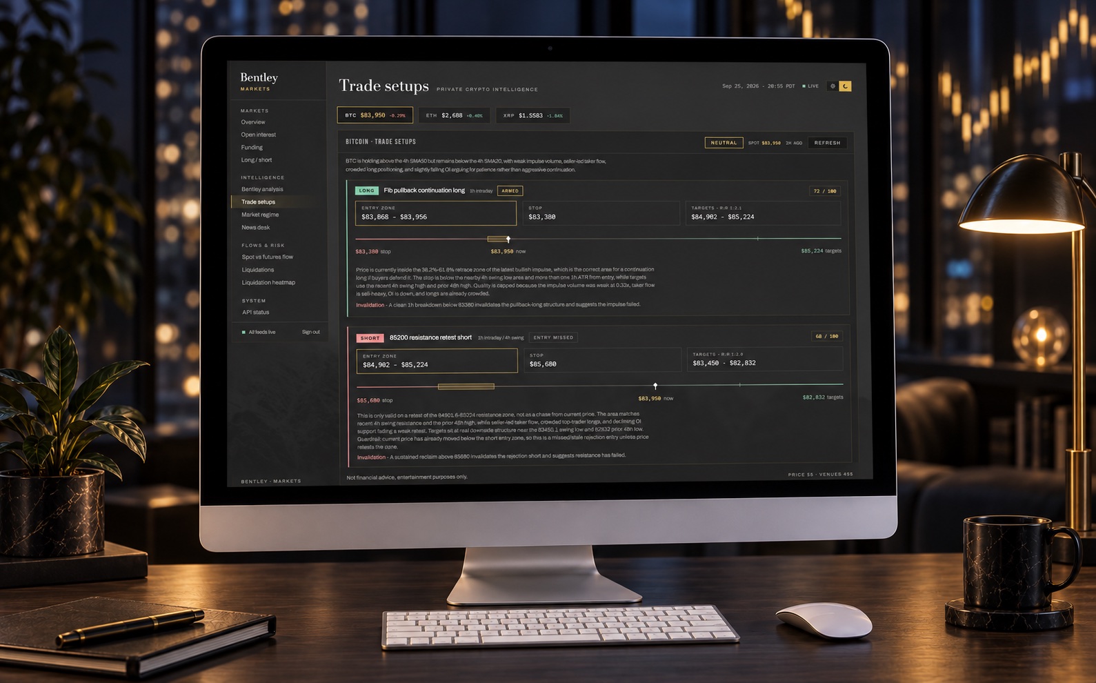 Bitcoin trade setups in the dark theme: an armed Fib pullback long scored 72 out of 100 and a 85200 resistance retest short marked entry missed, each with a price ladder