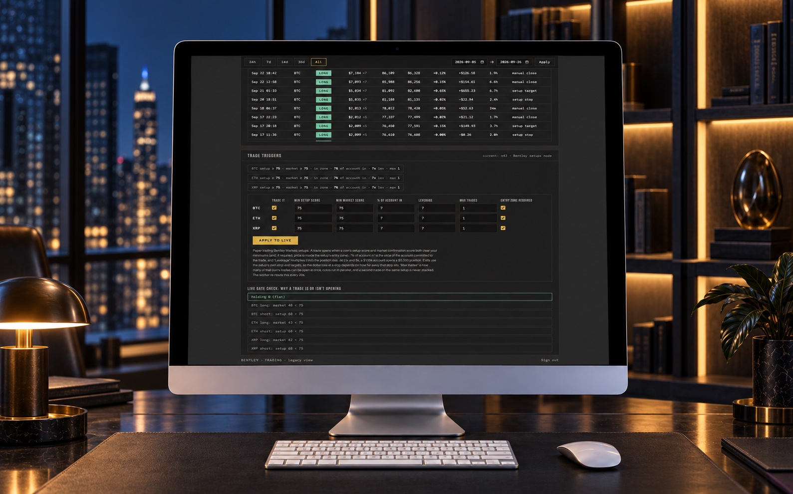 Trade triggers in the dark theme: per-coin minimum setup and market scores, account share, leverage and max trades, an Apply to Live button, and the live gate check