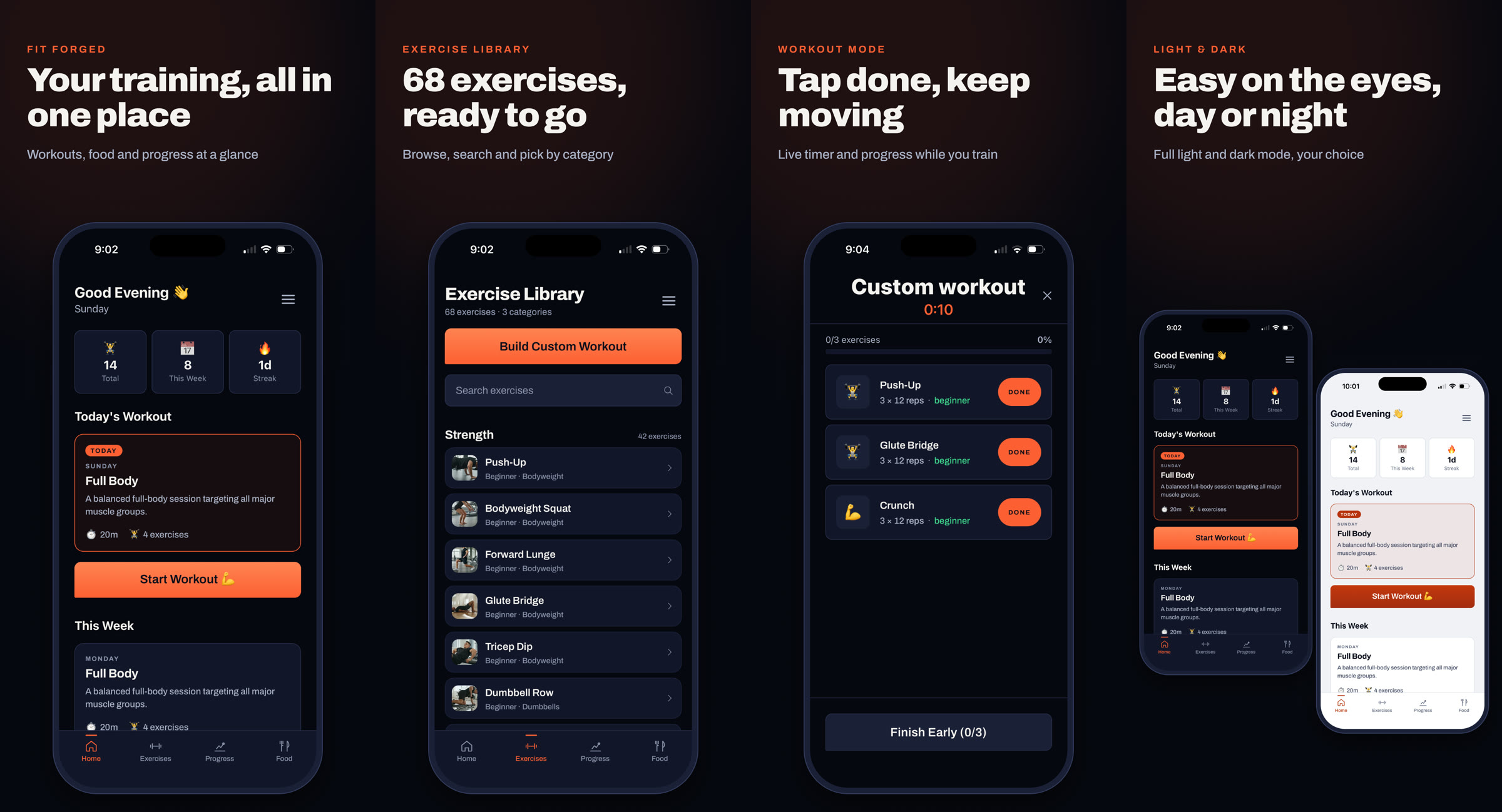 Four Fit Forged App Store screens: home, exercise library, workout mode, and light and dark mode