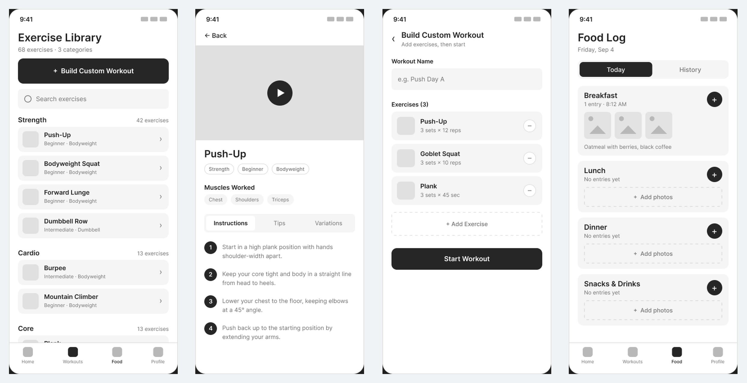 Greyscale Figma wireframes for the exercise library, exercise detail, custom workout builder and food log