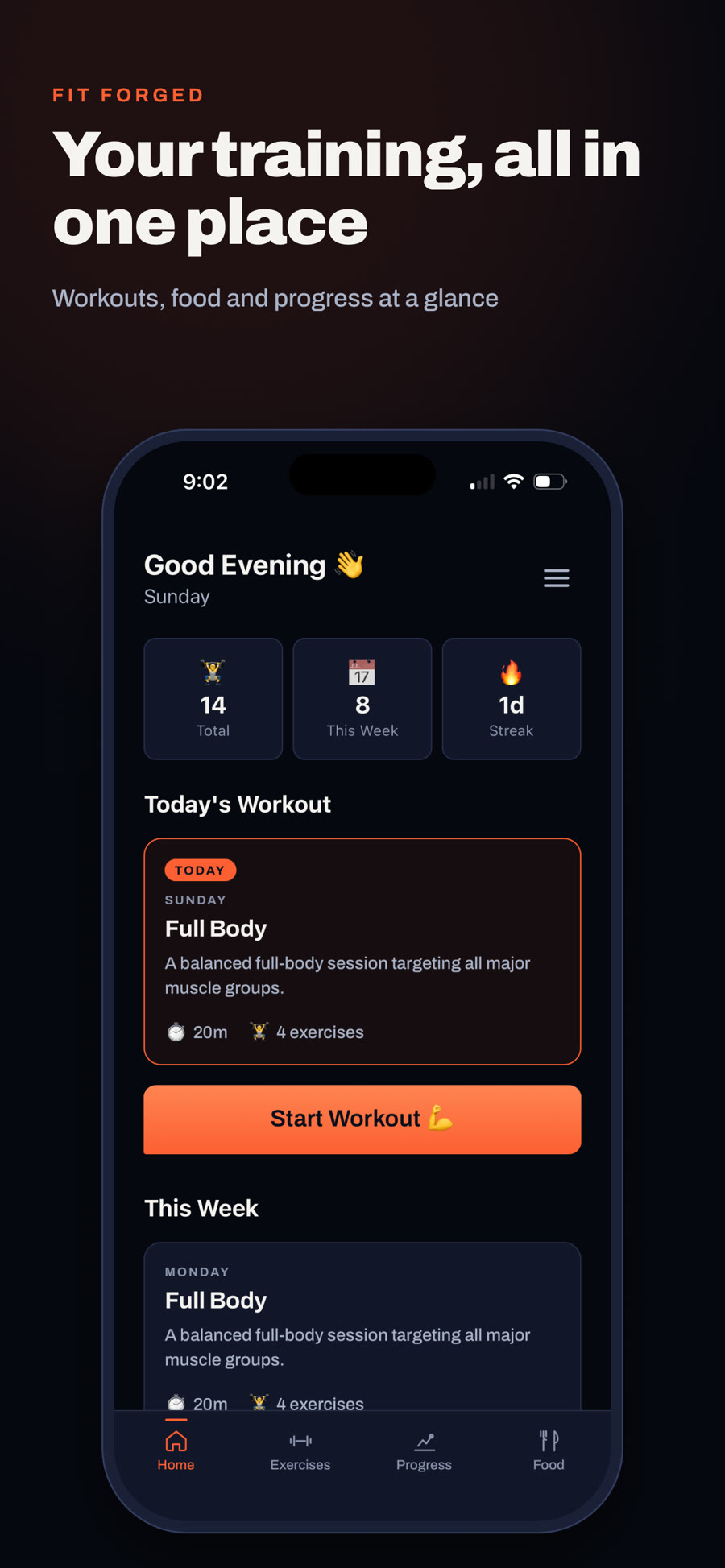 Fit Forged home screen with today's workout