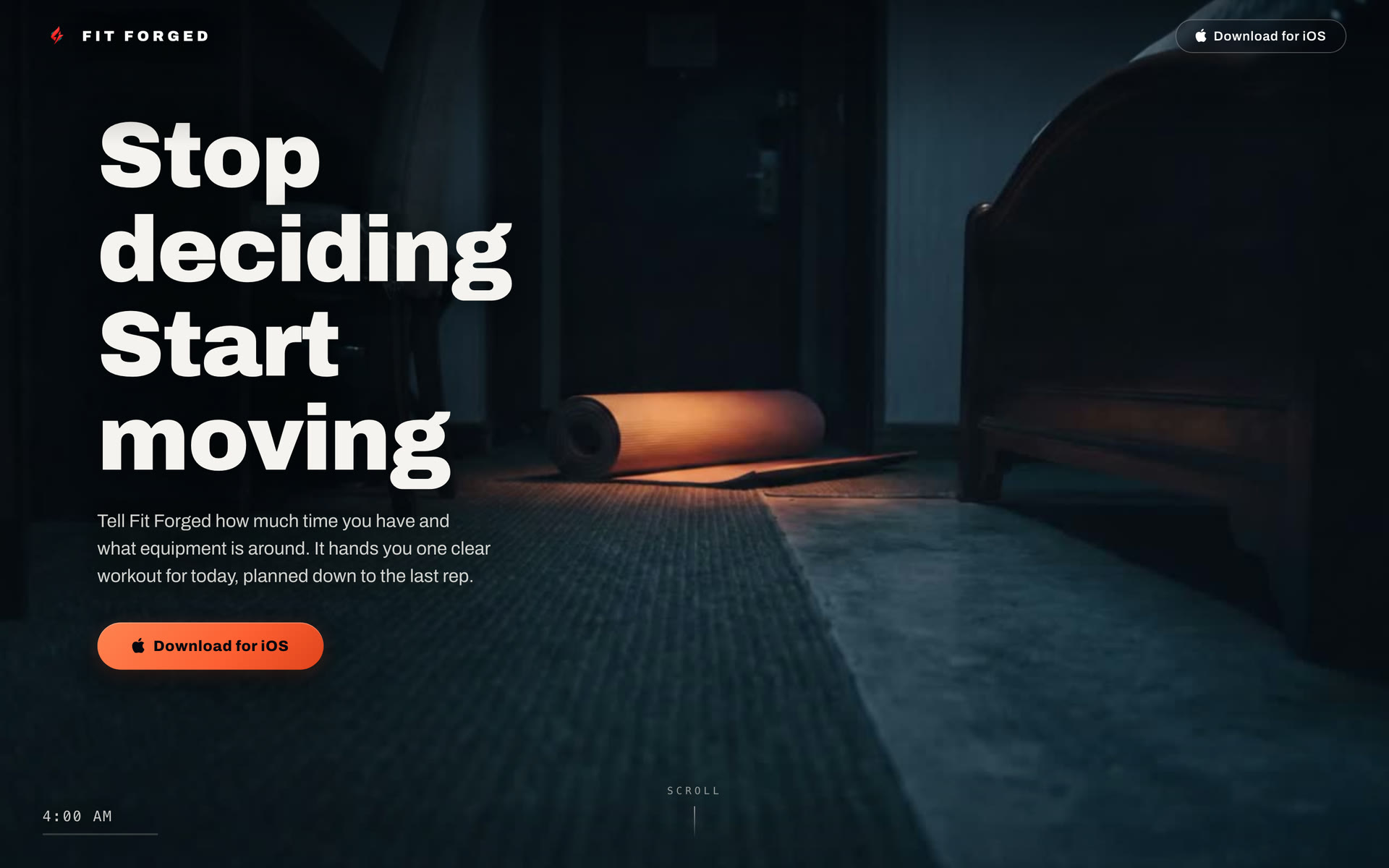 The fit-forged.app hero: Stop deciding, Start moving, over the first frame of the film, a mat lit in a dark hotel room at 4am
